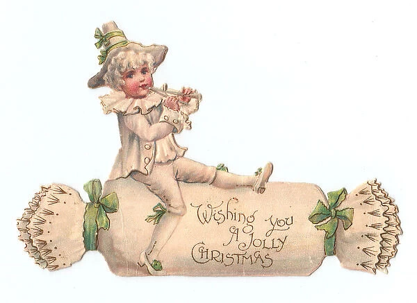 Boy on a cutout card in the shape of a Christmas cracker
