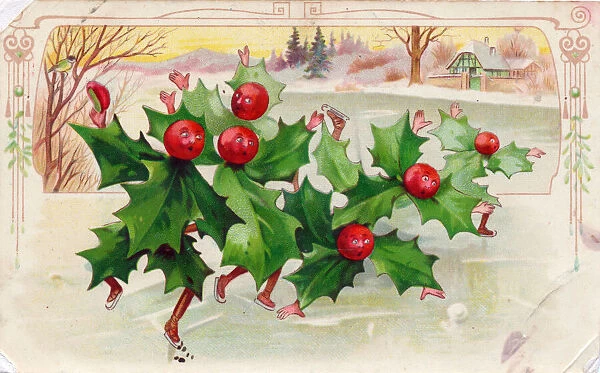Holly in skating scene on a Christmas postcard