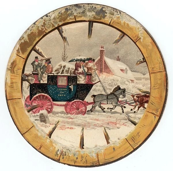 Stagecoach and horses on a circular Christmas card