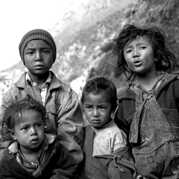 Children of the kumbu. Group of 4 Children, Black & White, Everest Region, Nepal
