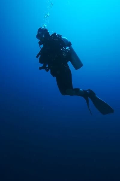 Diver with a camera in his arms waiting in the blue. Ras Abu Galum. Gulf of Aqaba. South Sinai