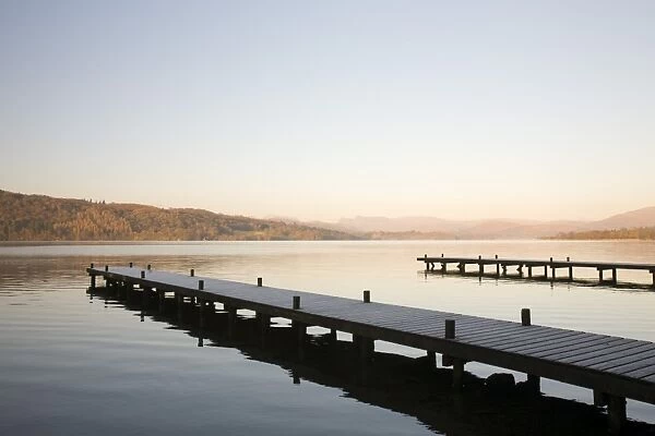 Frost on jetties on Lake Windermere in the Lake District UK