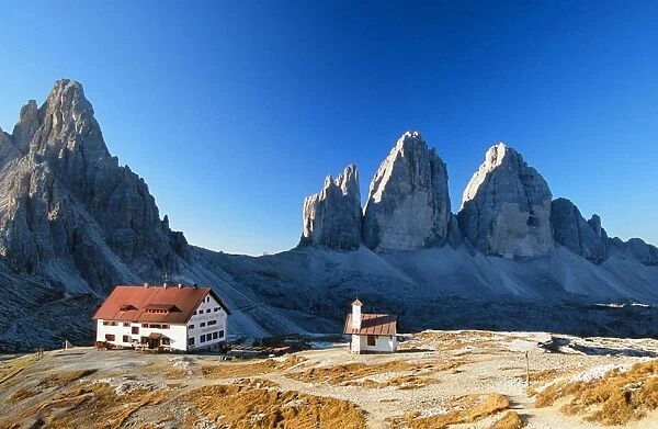 A mountain hut or refuge overlooking the Tre Cime in The Italian Dolomites