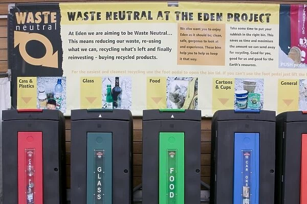 Waste recycling binsat the Eden Project in Cornwall UK which is waste neutral