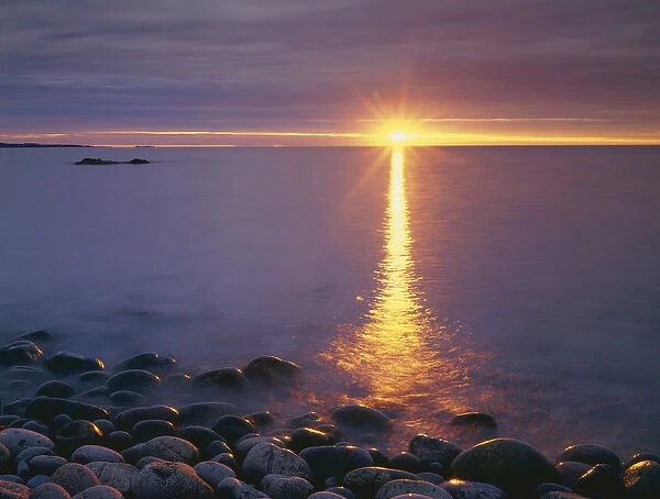 USA, Maine, Acadia National Park, Sunrise on fog and shore rocks on the Atlantic Ocean