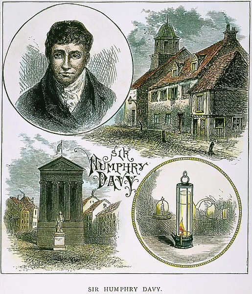 HUMPHRY DAVY (1778-1829). English chemist, pictured with, bottom right, the miners safety lamp he invented in 1815. Wood engraving, 19th century