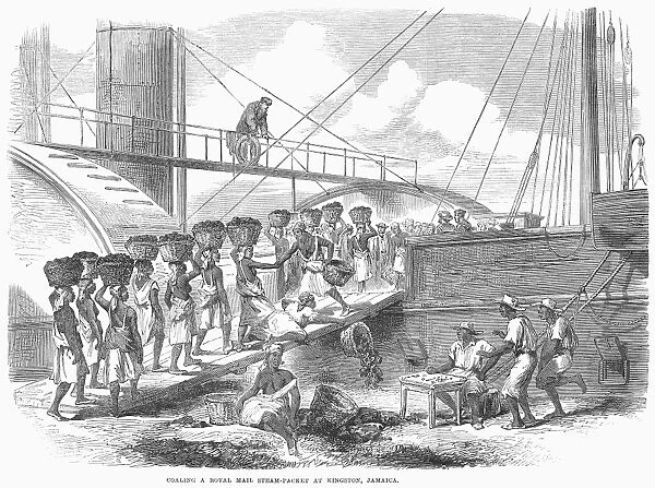 JAMAICA: FEMALE STEVEDORES. Coaling a Royal Mail Steam-Packet at Kingston, Jamaica. Wood engraving from an English newspaper of 1865