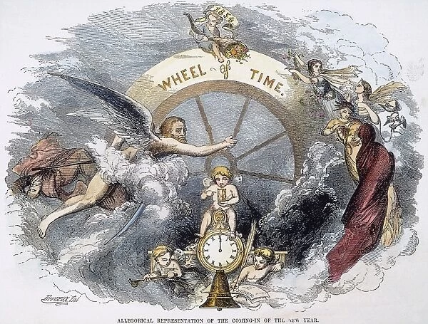 NEW YEAR, 1854. Wheel of Time. An allegorical representation of the coming-in of the New Year, 1854. Wood engraving, American, 1854
