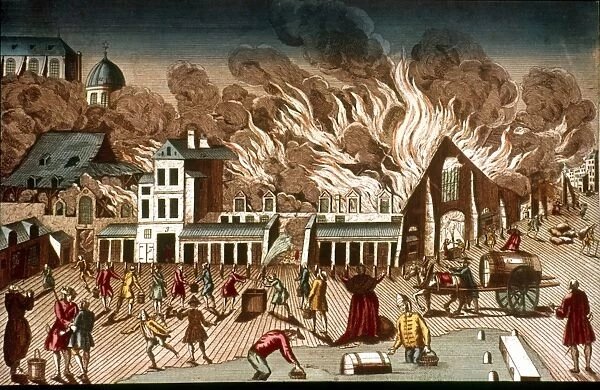 PARIS FIRE, 1762. Fire at the St. Germain market, Paris, 1762: contemporary French engraving