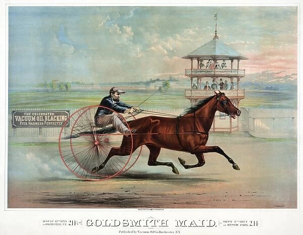 RACEHORSE: GOLDSMITH MAID. The racehorse Goldsmith Maid. Lithograph published by the Vacuum Oil Company which makes blacking for harnesses, c1874