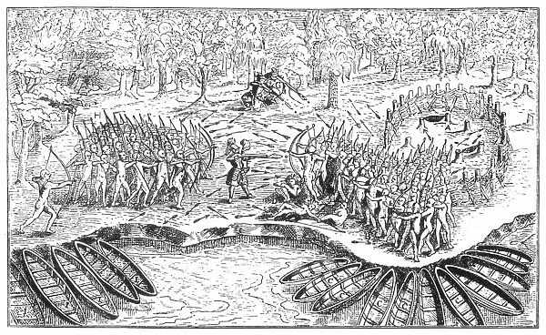 SAMUEL DE CHAMPLAIN (center), with two French harquebusiers (top) and friendly Algonquins (left) defeat an Iroquois war party at the present site of Ticonderoga on Lake Champlain, 29 July 1609. Line engraving from Champlains Voyages (1613)