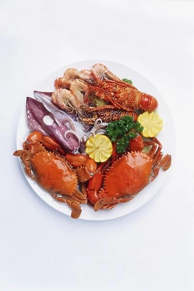 Seafood platter consisting of lobster, crab, shrimp and squid garnished with lemon and parsley