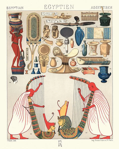 Ancient egyptian utensils and domestic objects harp musicians