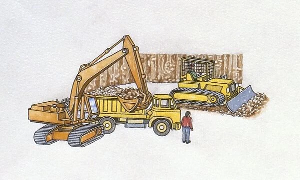 Illustration of bulldozer, excavator and truck on construction site
