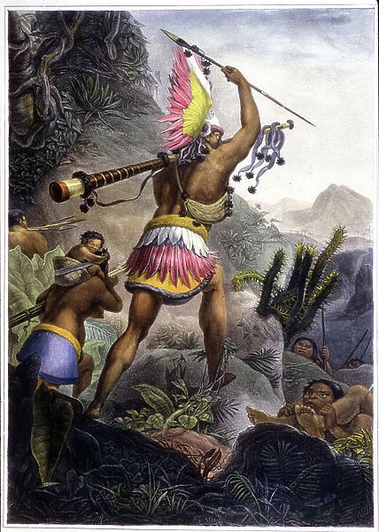 A Coroado Indian Giving the Signal for retirement, 1839 (colour litho)