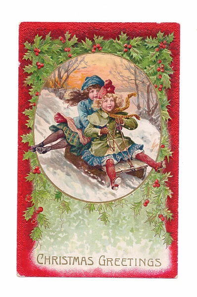 Edwardian Christmas postcard of two girls sliding down the snow in a cart, c