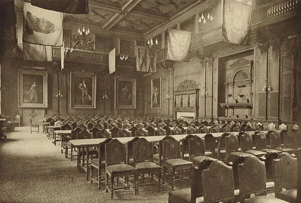Flag-hung Great Hall in which the Company of Grocers holds its banquets in the City of London (b  /  w photo)