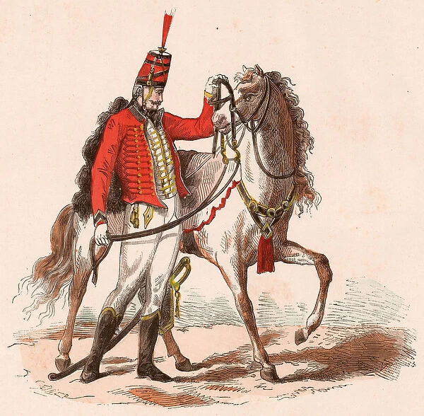 A French hussar in his uniform standing next to his horse (colour engraving)