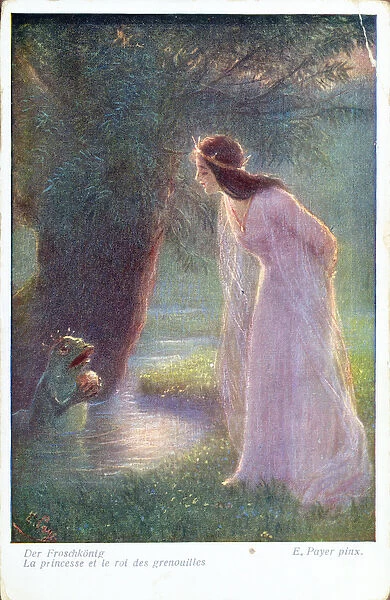 The Frog Prince gives the golden ball he has recovered from the pond to the princess