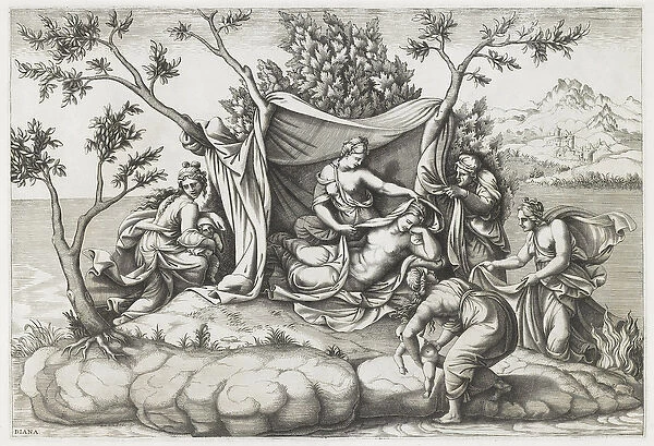Latona Giving Birth to Apollo and Diana, engraved by Diana Mantovana (b