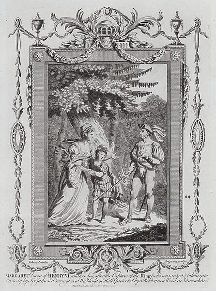 Margaret of Anjou, consort of King Henry VI, and their son Edward, Prince of Wales, taken into custody by Sir James Harrington at Waddington Hall, Lancashire, after the Kings capture by Yorkist soldiers in 1464 (engraving)