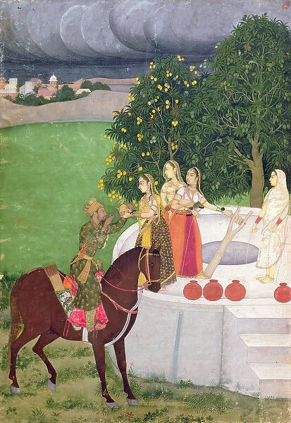 A Prince begging water from women at a well, Mughal, c. 1720 (gouache on paper)
