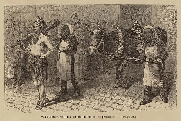 'The Boeuf-Gras, the fat ox, is led in the procession'(engraving)