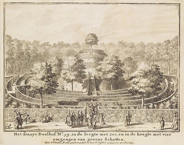 Topiary maze with four exits and a central mound, engraved by Johannes Van den Aveele (d