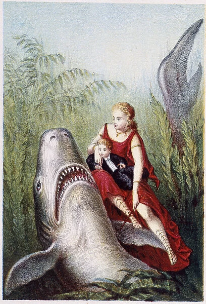 A woman and a boy riding on a shark - in 'Journey to the bottom of