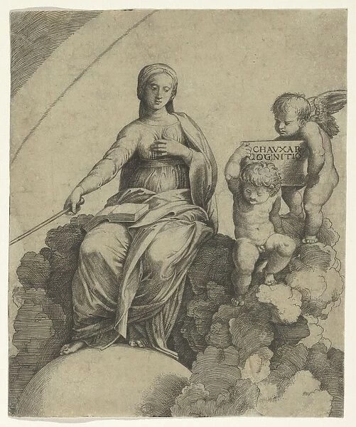 A personification of Philosophy sitting on clouds with her feet resting on a globe, ... ca. 1510-15. Creator: Marcantonio Raimondi