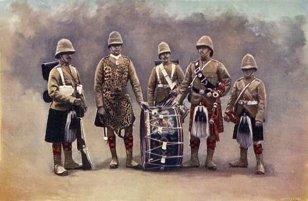 Private, Drummers, Piper, and Bugler - The Black Watch, 1900. Creator: Knight