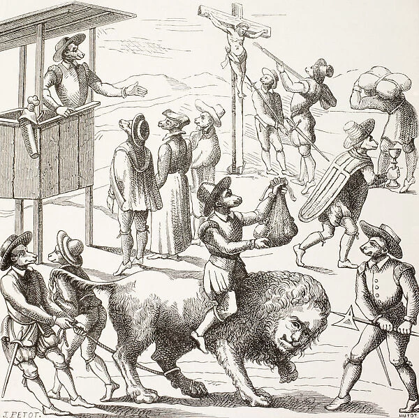 Allegorical Picture Of Excesses Said To Have Been Committed By The Huguenots. The Tame Lion Represents A France Reduced By The Heretics And Their Practices. From Military And Religious Life In The Middle Ages By Paul Lacroix Published London Circa 1880