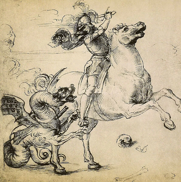 San Giorgio and the dragon, drawing, Raffaello Sanzio, kept in the Gabinetto delle Stampe degli Uffizi in Florence