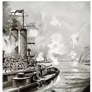 British Navy attacking Turkish forces, River Tigris, WW1