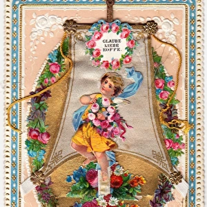 Cherub with flowers on a romantic German greetings card
