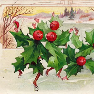 Holly in skating scene on a Christmas postcard