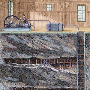 Mining. Coal mine with several floors. Colored engraving