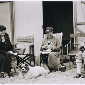 Three people and a dog on the beach