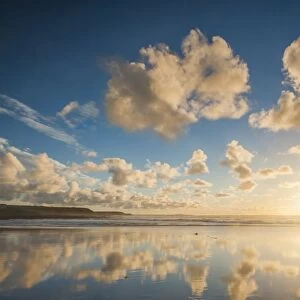 Cloud reflections at Constantine Bay at sunset, Cornwall, England, United Kingdom, Europe