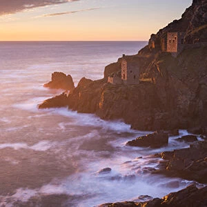 The Crowns Cornish tin mine engine houses on the cliffs of Botallack, Cornwall, England