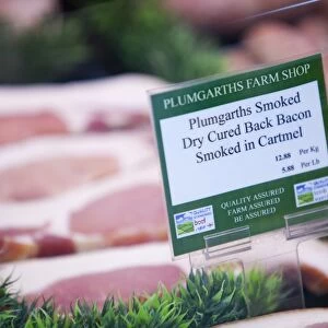Locally produced and smoked bacon at Plumgarths farm shop in Kendal, Cumbria, UK. Farm shops are a great way for farmers to diversify and help to cut down hugely on food