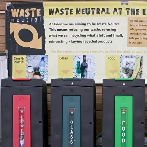 Waste recycling binsat the Eden Project in Cornwall UK which is waste neutral