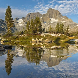 USA, California, Inyo National Forest. Mount Ritter and Banner Peak reflected in Garnet Lake