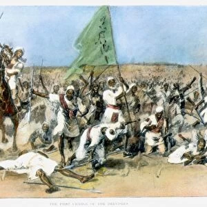 BATTLE OF OMDURMAN, 1898. The first charge of Sudanese dervishes against the British at the Battle of Omdurman, 2 September 1898: illustration, c1900