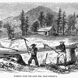 CALIFORNIA GOLD RUSH. Washing with the long tom. Wood engraving, 1860