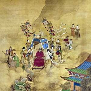 Ch ien Lung, Ch ing emperor of China (1736-1796), riding in a dragon-drawn celestial carriage as he receives Portuguese ambassadors, who are bearing gifts of tribute. Painted silk scroll, Ch ing Dynasty