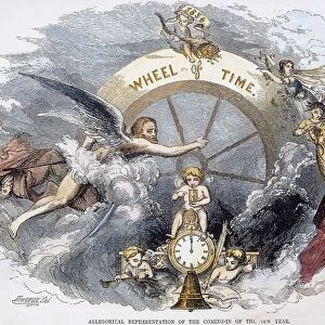 NEW YEAR, 1854. Wheel of Time. An allegorical representation of the coming-in of the New Year, 1854. Wood engraving, American, 1854