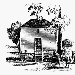 Third President of the United States. The one-room schoolhouse on Tuckahoe Plantation near Richmond, Virginia, where Jefferson received his grammar school education. Drawing