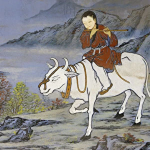 The ten Ox Herding Pictures of Zen Buddhism represent the stages of enlightement. Coming home on the Oxs back
