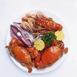 Seafood platter consisting of lobster, crab, shrimp and squid garnished with lemon and parsley